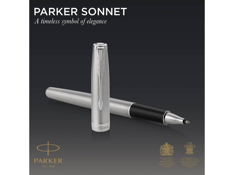 Parker Sonnet Tintenroller | Edelstahl mit Palladiumzierteilen | feine Spitze | Schwarze Tinte | Geschenkbox