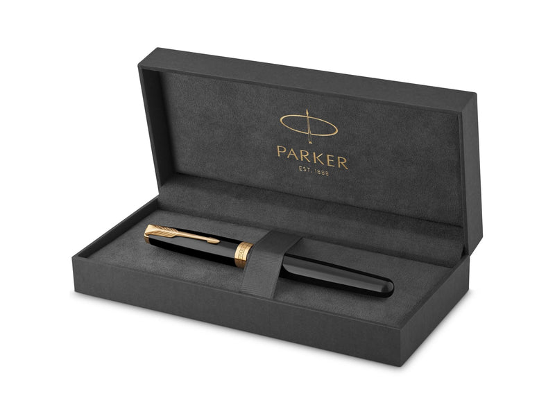 Parker Sonnet Tintenroller | Schwarze Lackierung mit Goldzierteilen | feine Spitze | Schwarze Tinte | Geschenkbox