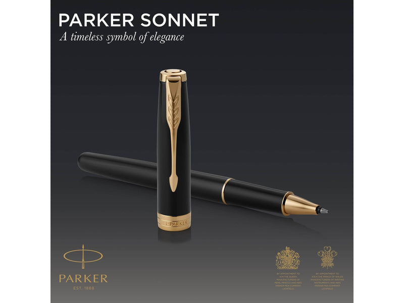 Parker Sonnet Tintenroller | Schwarze Lackierung mit Goldzierteilen | feine Spitze | Schwarze Tinte | Geschenkbox