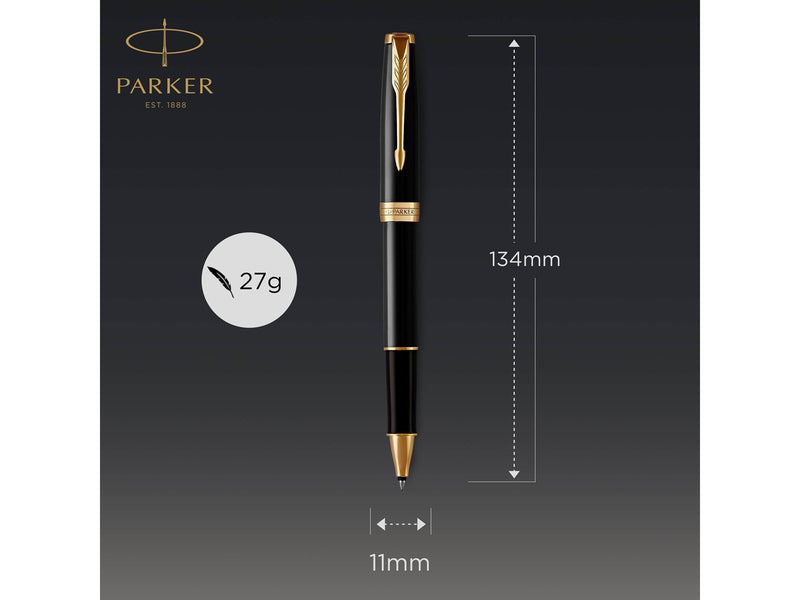 Parker Sonnet Tintenroller | Schwarze Lackierung mit Goldzierteilen | feine Spitze | Schwarze Tinte | Geschenkbox