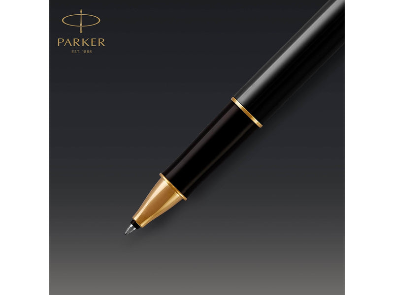 Parker Sonnet Tintenroller | Schwarze Lackierung mit Goldzierteilen | feine Spitze | Schwarze Tinte | Geschenkbox