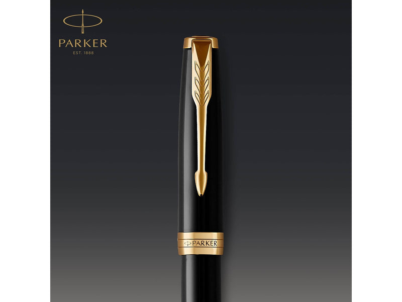 Parker Sonnet Tintenroller | Schwarze Lackierung mit Goldzierteilen | feine Spitze | Schwarze Tinte | Geschenkbox