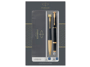 Parker Urban Duo-Geschenkset mit Kugelschreiber und Füller | schwarz-goldene Zierteile | Nachfüllmine und -patronen mit blauer Tinte | Geschenkbox