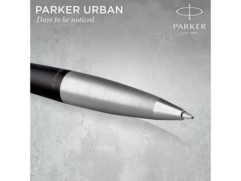 Parker Urban Twist-Kugelschreiber | Mattschwarz mit Chrom-Zierteilen | mit Nachfüllpatrone mit blauer Tinte | Geschenkbox