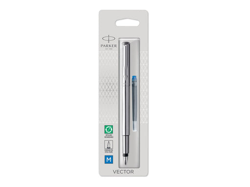 Parker Vector Füller | Edelstahl | Füllfederhalter mit mittlerer Feder | Blau Tinte