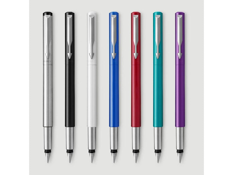 Parker Vector Füller | Edelstahl | Füllfederhalter mit mittlerer Feder | Blau Tinte
