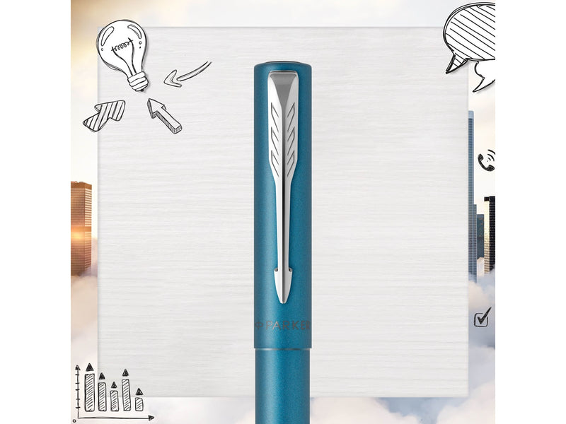 Parker Vector XL Tintenroller | Blaugrüne Metallic-Lackierung auf Messing | Feine Schreibspitze mit schwarzer Nachfülltinte | Geschenkbox