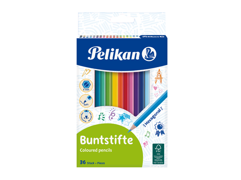 Pelikan Farbstift Buntstifte, sechseckig, 36 Stk., 3mm, sortiert, Etui mit 36 Farben