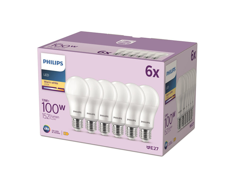 Philips LED-Lampe 13W/827 (100W) frosted 6-pack E27