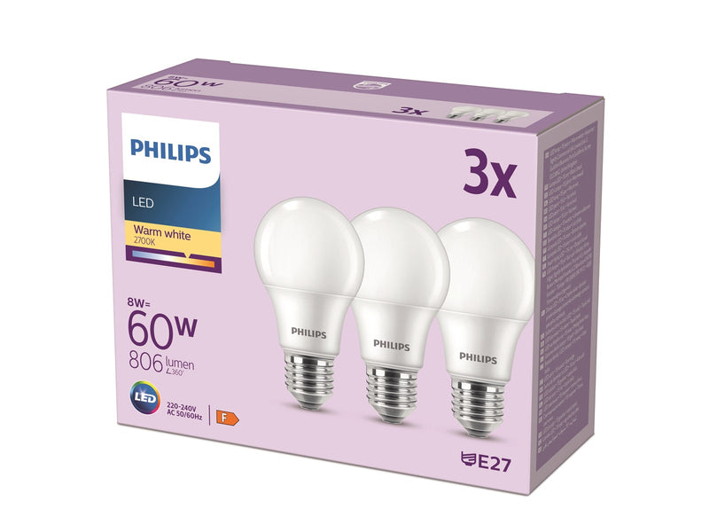 Philips LED-Lampe 8W/827 (60W) frosted 3-pack E27