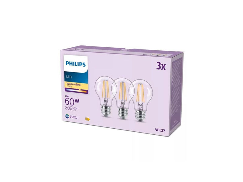 Philips LED-Lampe A60 7W/827 (60W) Clear 3-pack E27