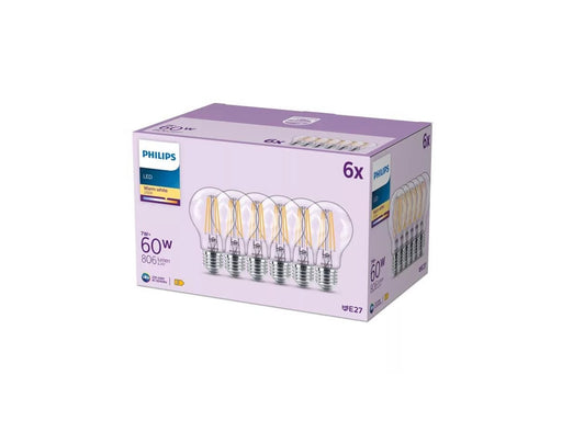 Philips LED-Lampe A60 7W/827 (60W) Clear 6-pack E27