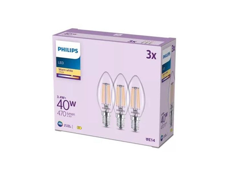 Philips LED-Lampe B35 3,4W/827 (40W) Clear 3-pack E14
