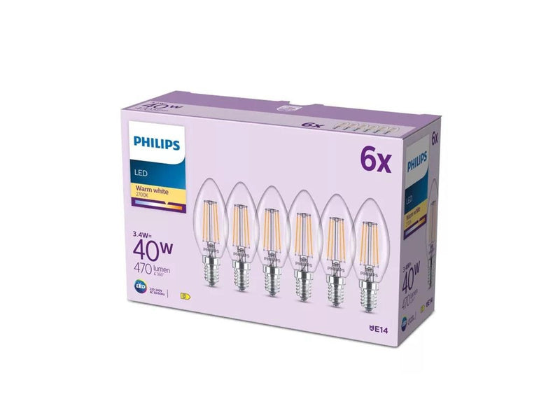 Philips LED-Lampe B35 3,4W/827 (40W) Clear 6-pack E14