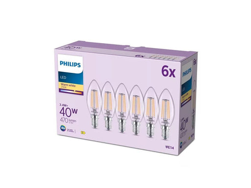 Philips LED-Lampe B35 3,4W/827 (40W) Clear 6-pack E14