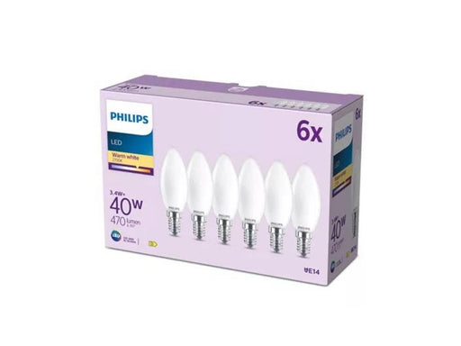 Philips LED-Lampe B35 3,4W/827 (40W) Frosted 6-pack E14