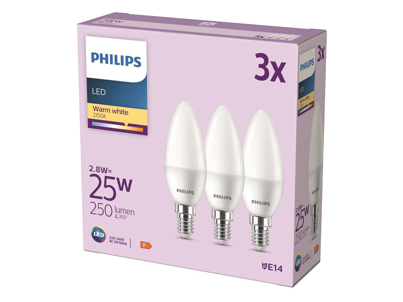 Philips LED-Lampe Candle 2.8W/827 (25W) Frosted 3-pack E14