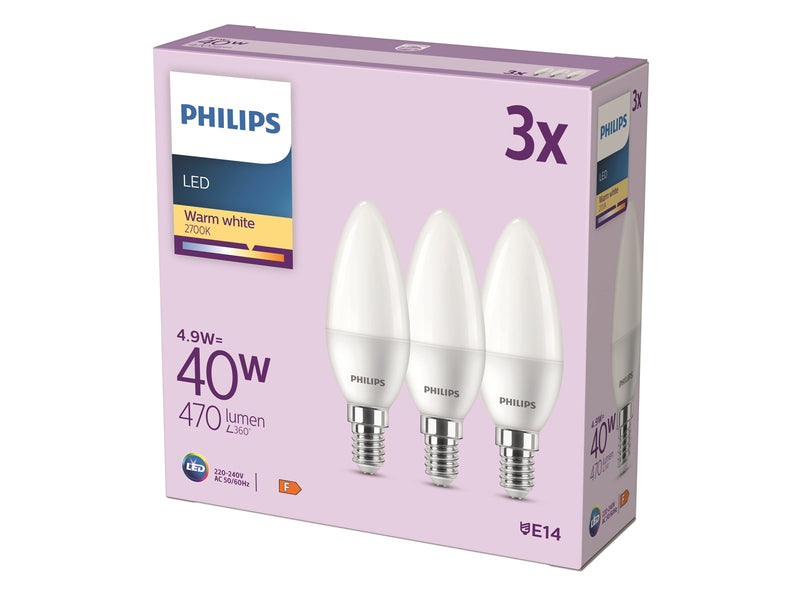 Philips LED-Lampe Candle 4.9W/827 (40W) Frosted 3-pack E14