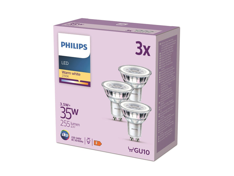 Philips LED-Lampe Classic 3.5W/827 (35W) 36° 3-pack GU10