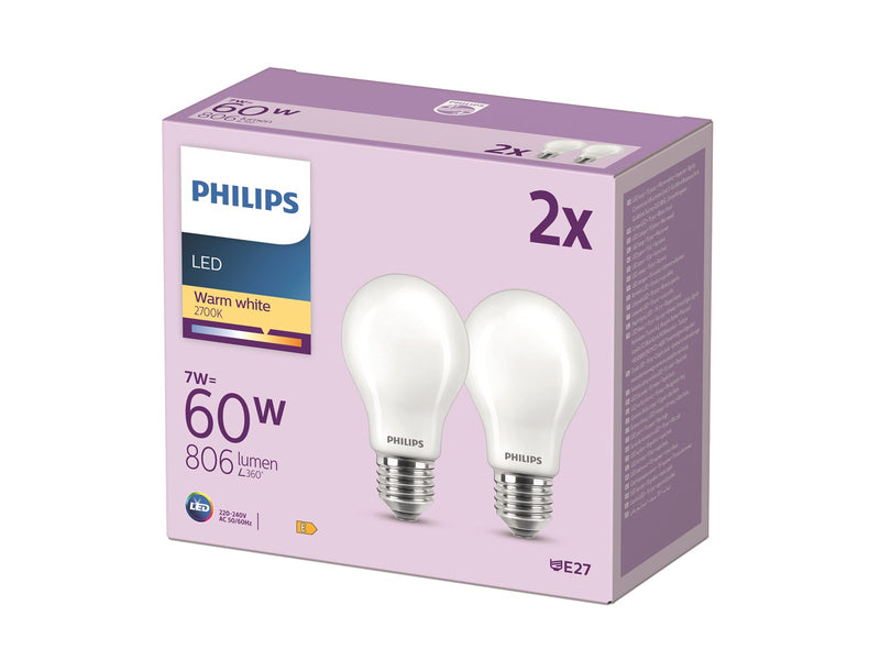 Philips LED-Lampe Classic 7W/827 (60W) 2-pack E27