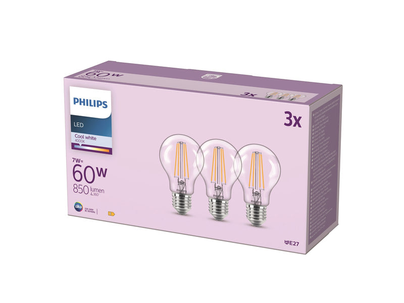 Philips LED-Lampe Classic 7W/827 (60W) Clear 3-pack E27