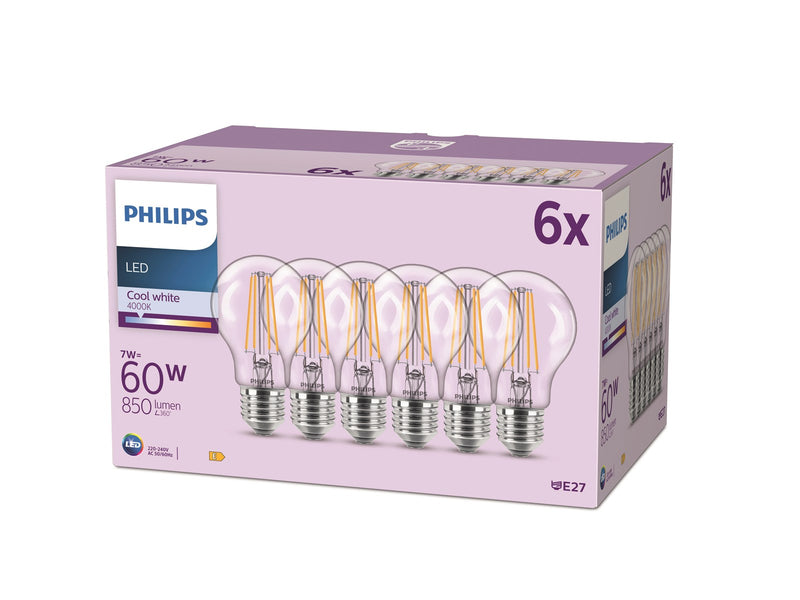 Philips LED-Lampe Classic 7W/827 (60W) Clear 6-pack E27