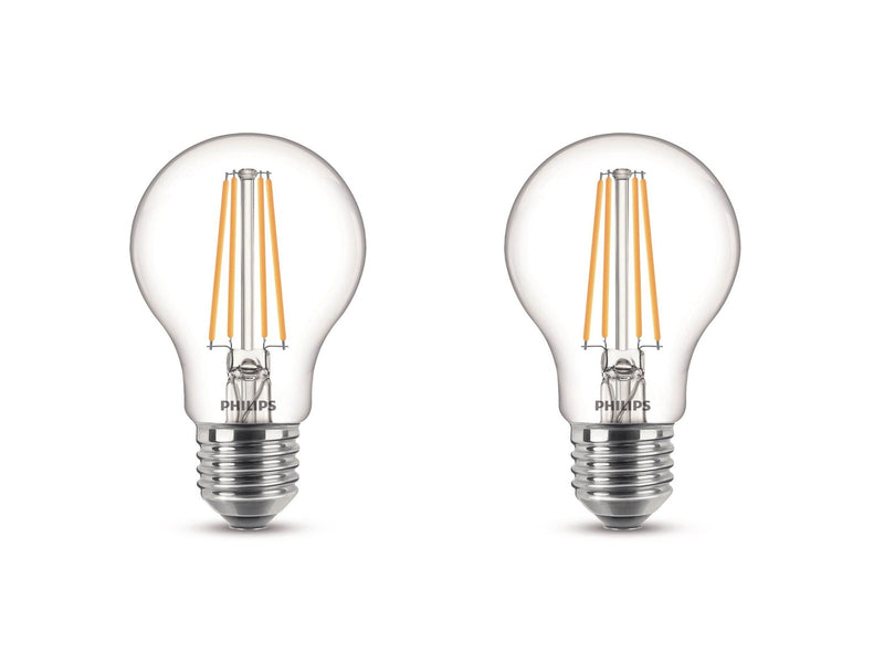 Philips LED-Lampe Classic 7W/827 (60W) clear 2-pack E27
