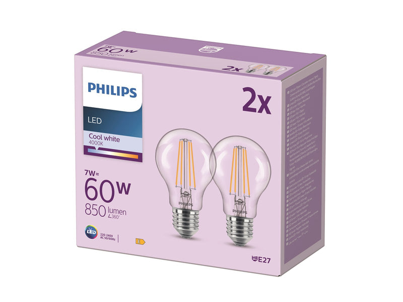 Philips LED-Lampe Classic 7W/827 (60W) clear 2-pack E27