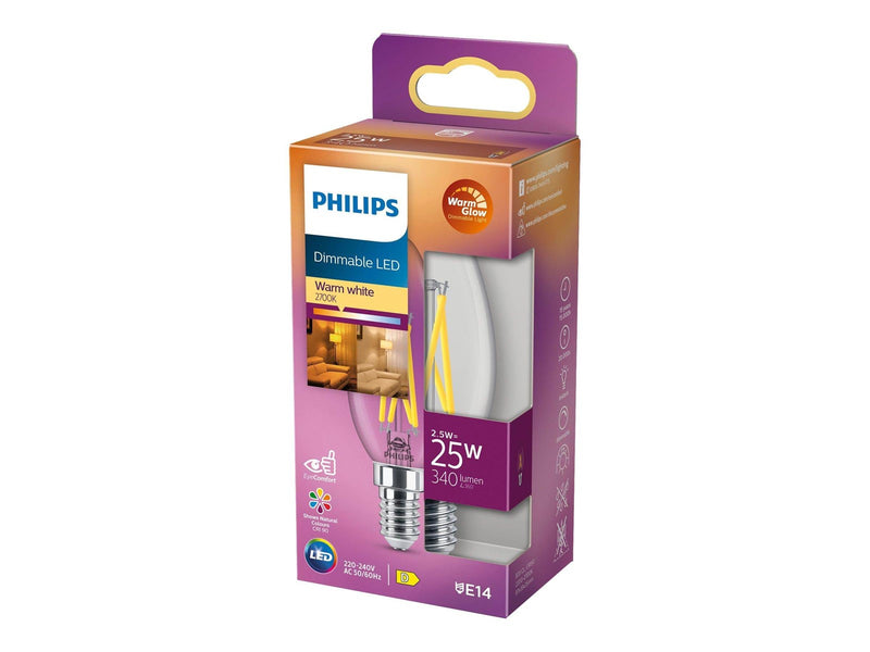 Philips LED-Lampe Classic Candle 2.5W/922-927 (25W) Clear WarmGlow Dimmable E14