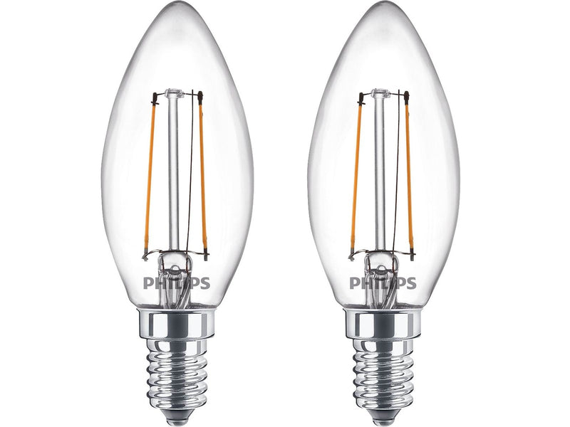 Philips LED-Lampe Classic Candle 2W/827 (25W) Clear 2-pack E14