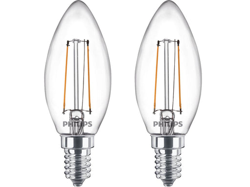 Philips LED-Lampe Classic Candle 2W/827 (25W) Clear 2-pack E14