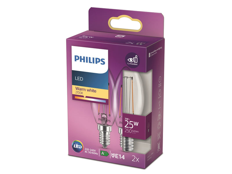Philips LED-Lampe Classic Candle 2W/827 (25W) Clear 2-pack E14
