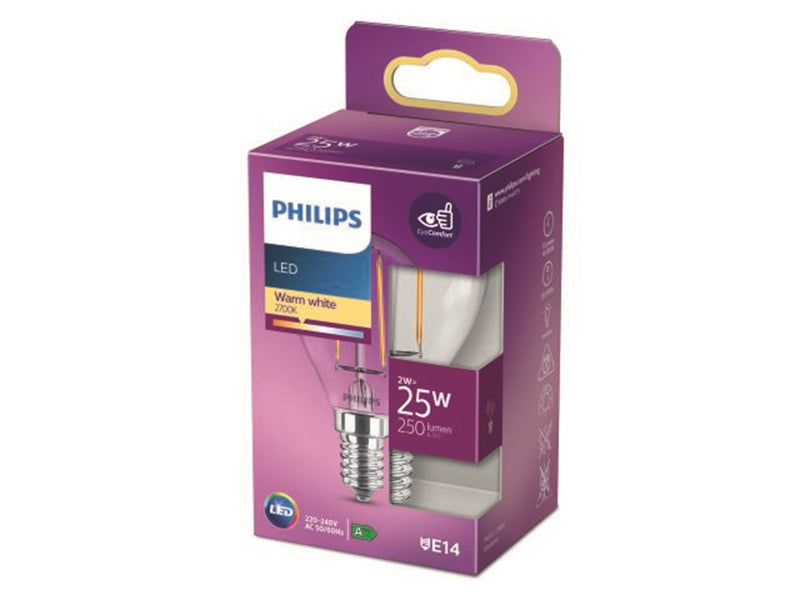 Philips LED-Lampe Classic Candle 2W/827 (25W) Clear E14