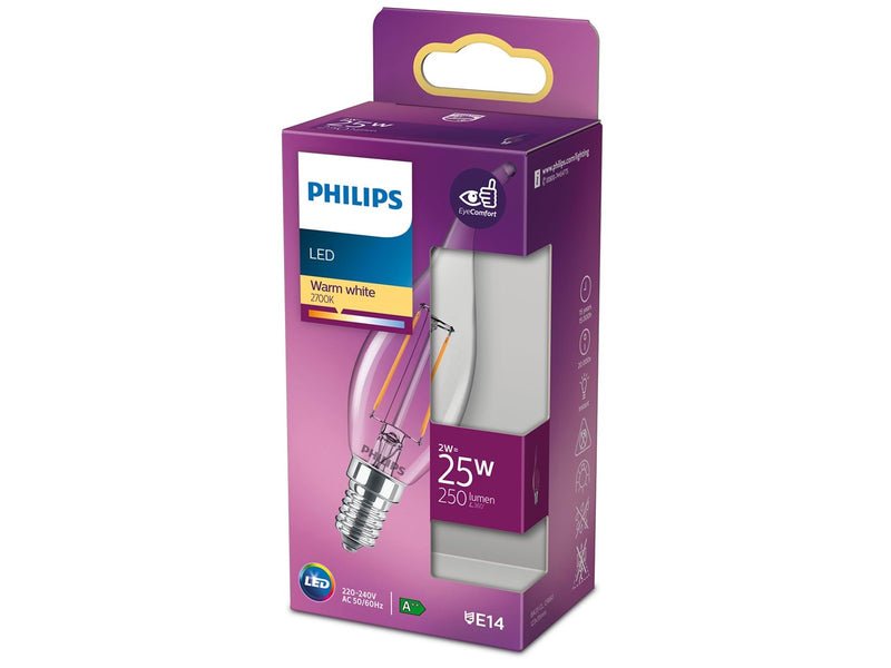 Philips LED-Lampe Classic Candle 2W/827 (25W) Clear E14