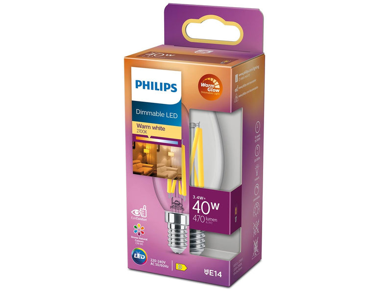 Philips LED-Lampe Classic Candle 3.4W/922-927 (40W) Clear WarmGlow Dimmable E14
