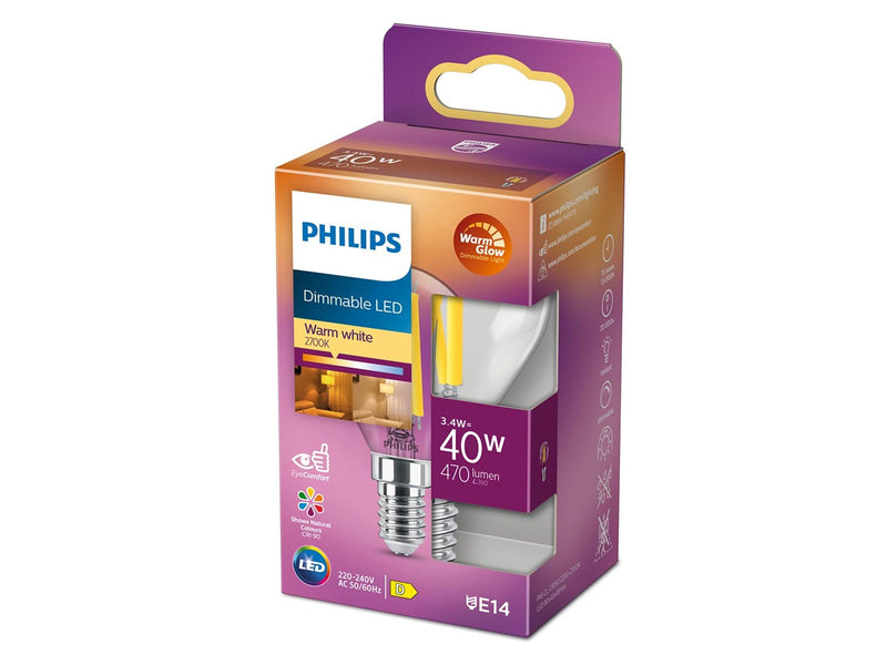 Philips LED-Lampe Classic Candle 3.4W/922-927 (40W) Clear WarmGlow Dimmable E14