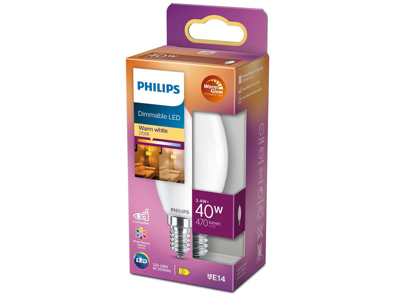 Philips LED-Lampe Classic Candle 3.4W/922-927 (40W) Frosted WarmGlow Dimmable E14