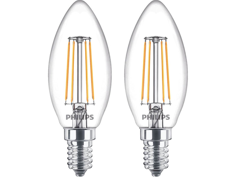 Philips LED-Lampe Classic Candle 4.3W/827 (40W) Clear 2-pack E14