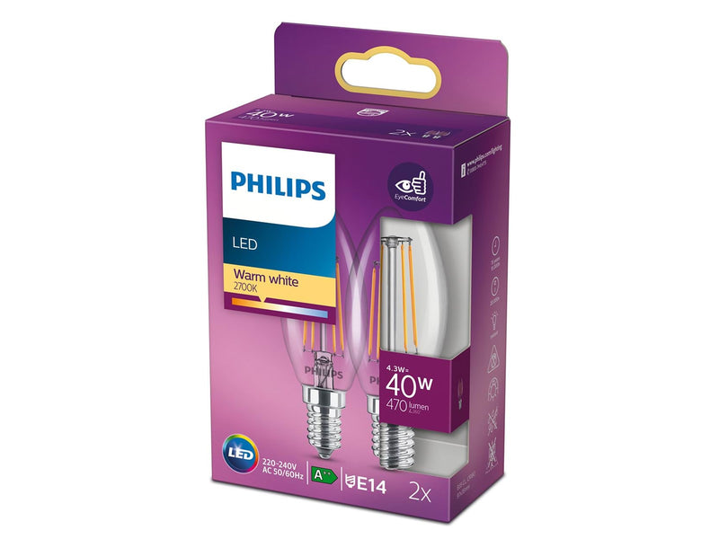 Philips LED-Lampe Classic Candle 4.3W/827 (40W) Clear 2-pack E14