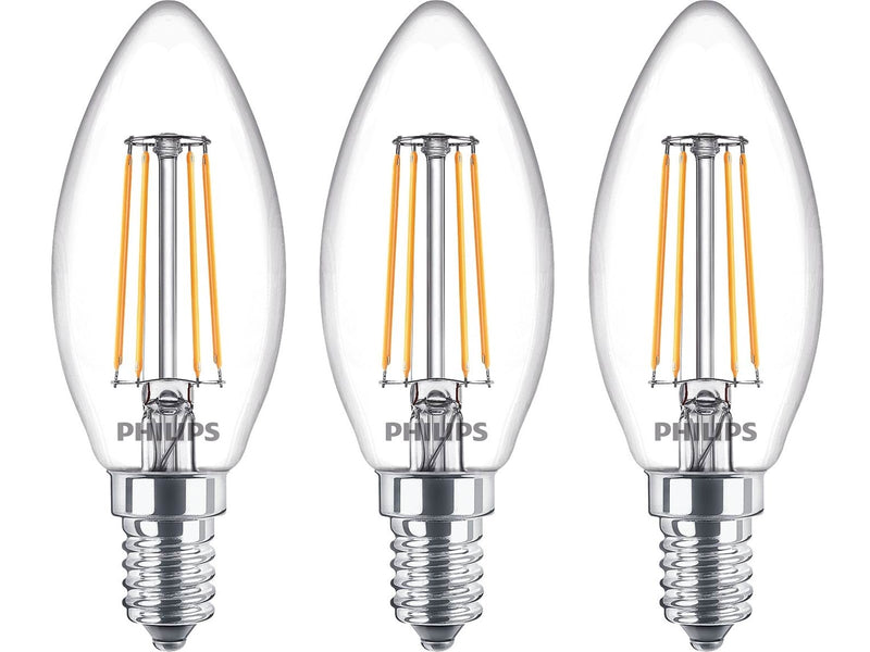 Philips LED-Lampe Classic Candle 4.3W/827 (40W) Clear 3-pack E14
