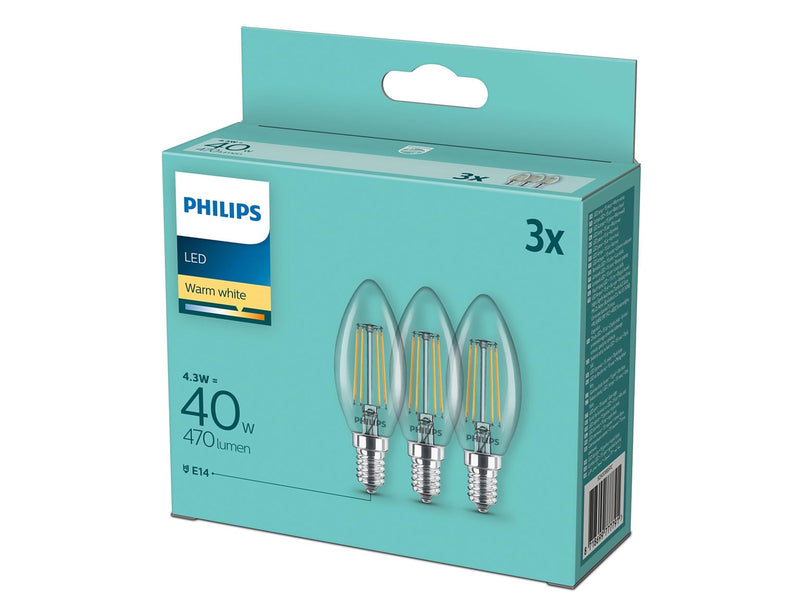 Philips LED-Lampe Classic Candle 4.3W/827 (40W) Clear 3-pack E14