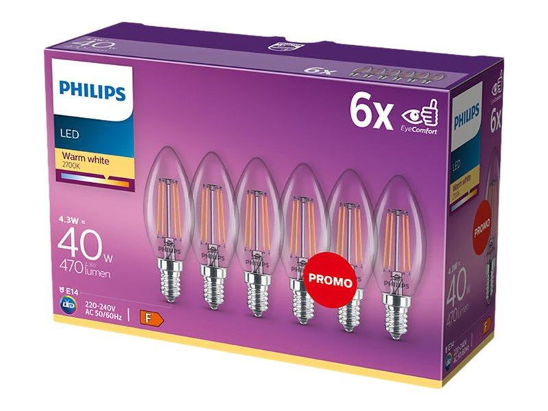 Philips LED-Lampe Classic Candle 4.3W/827 (40W) Clear 6-pack E14