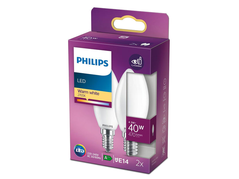 Philips LED-Lampe Classic Candle 4.3W/827 (40W) Frosted 2-pack E14