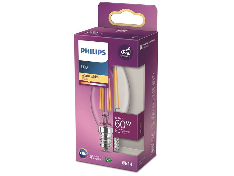 Philips LED-Lampe Classic Candle 6.5W/827 (60W) Clear E14