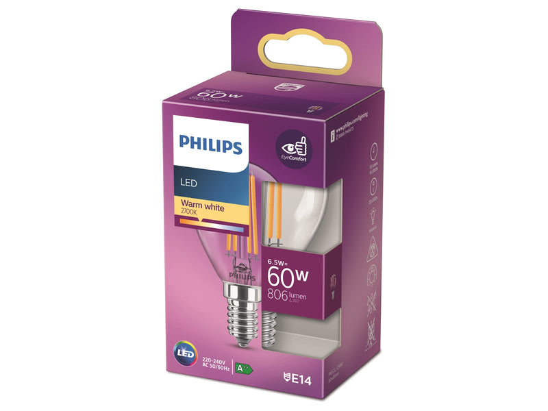 Philips LED-Lampe Classic Candle 6.5W/827 (60W) Clear E14