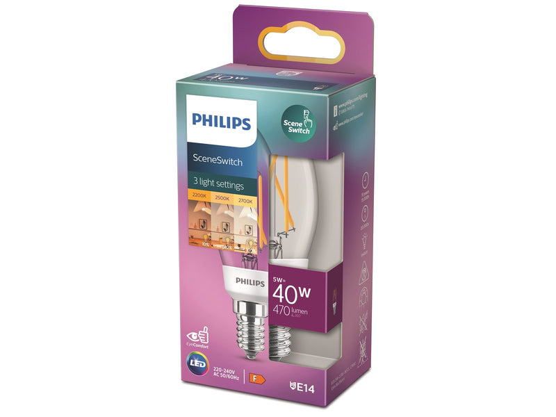 Philips LED-Lampe Classic Candle SceneSwitch 5W/822-827 (40W) Clear E14