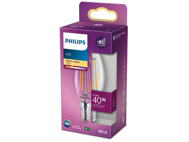 Philips LED-Lampe Classic Kerte 4.3W/827 (40W) Clear E14