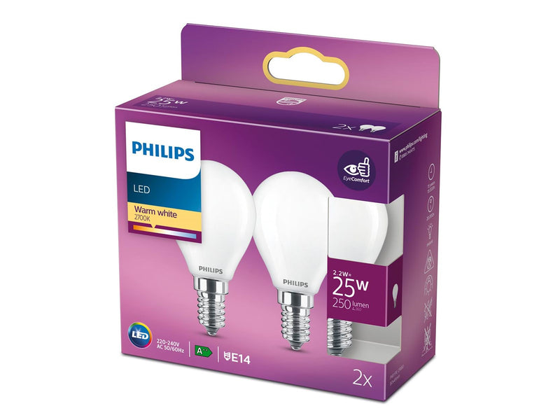 Philips LED-Lampe Classic Mini-ball 2.2W/827 (25W) Frosted 2-pack E14