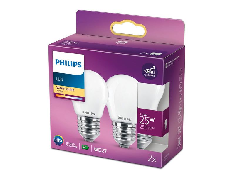Philips LED-Lampe Classic Mini-ball 2.2W/827 (25W) Frosted 2-pack E27