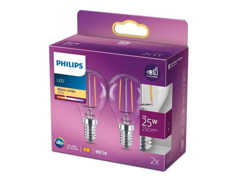 Philips LED-Lampe Classic Mini-ball 2W/827 (25W) Clear 2-pack E14